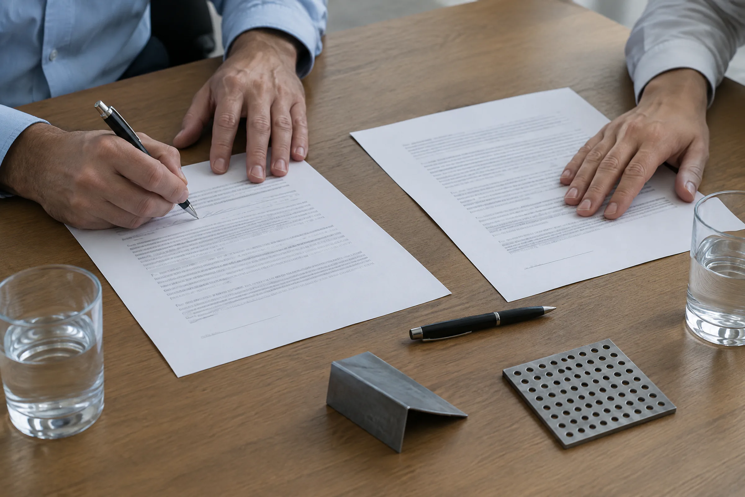Two people signing an agreement at a table with metal test pieces beside the papers