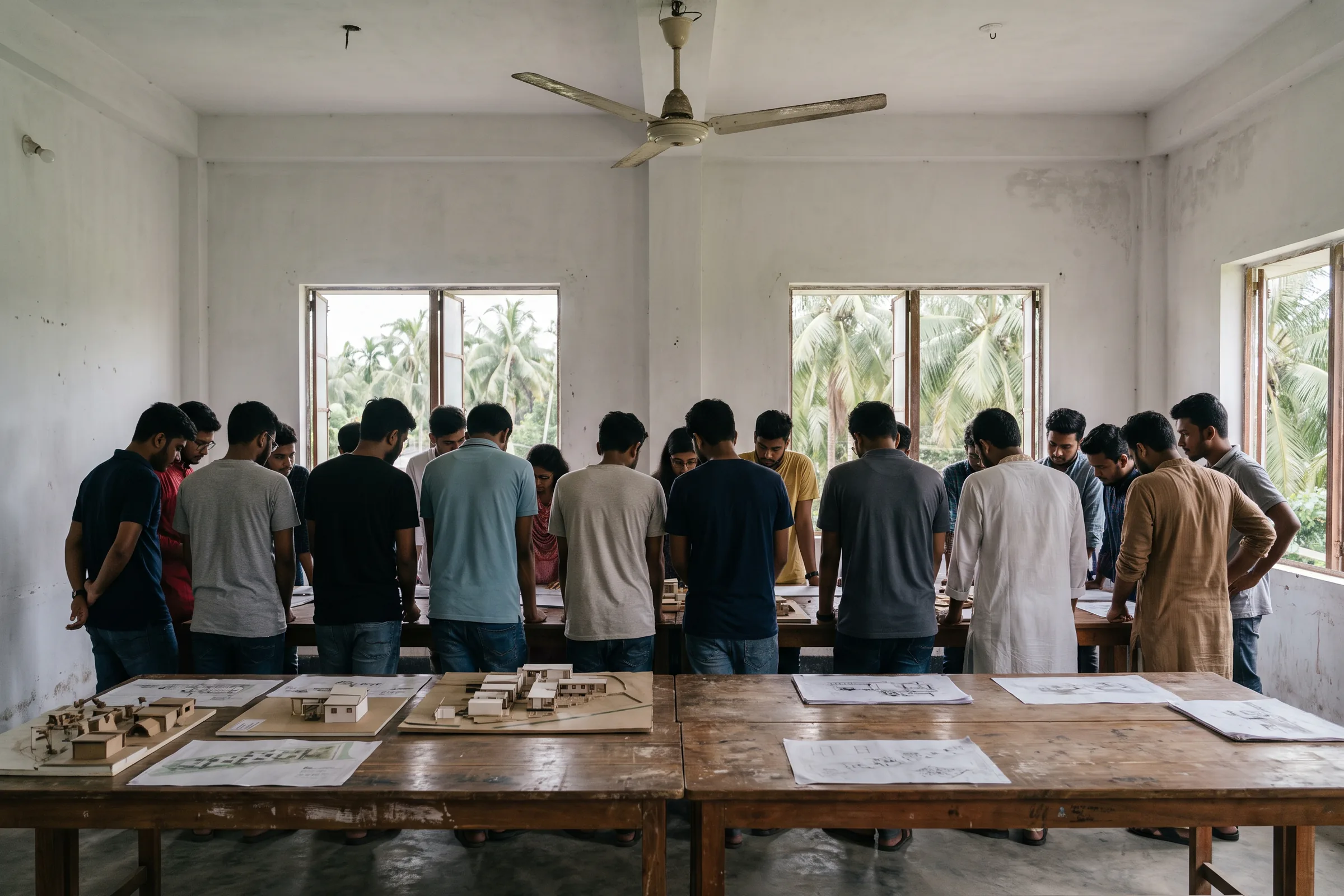Students gathered around site models in a community hall