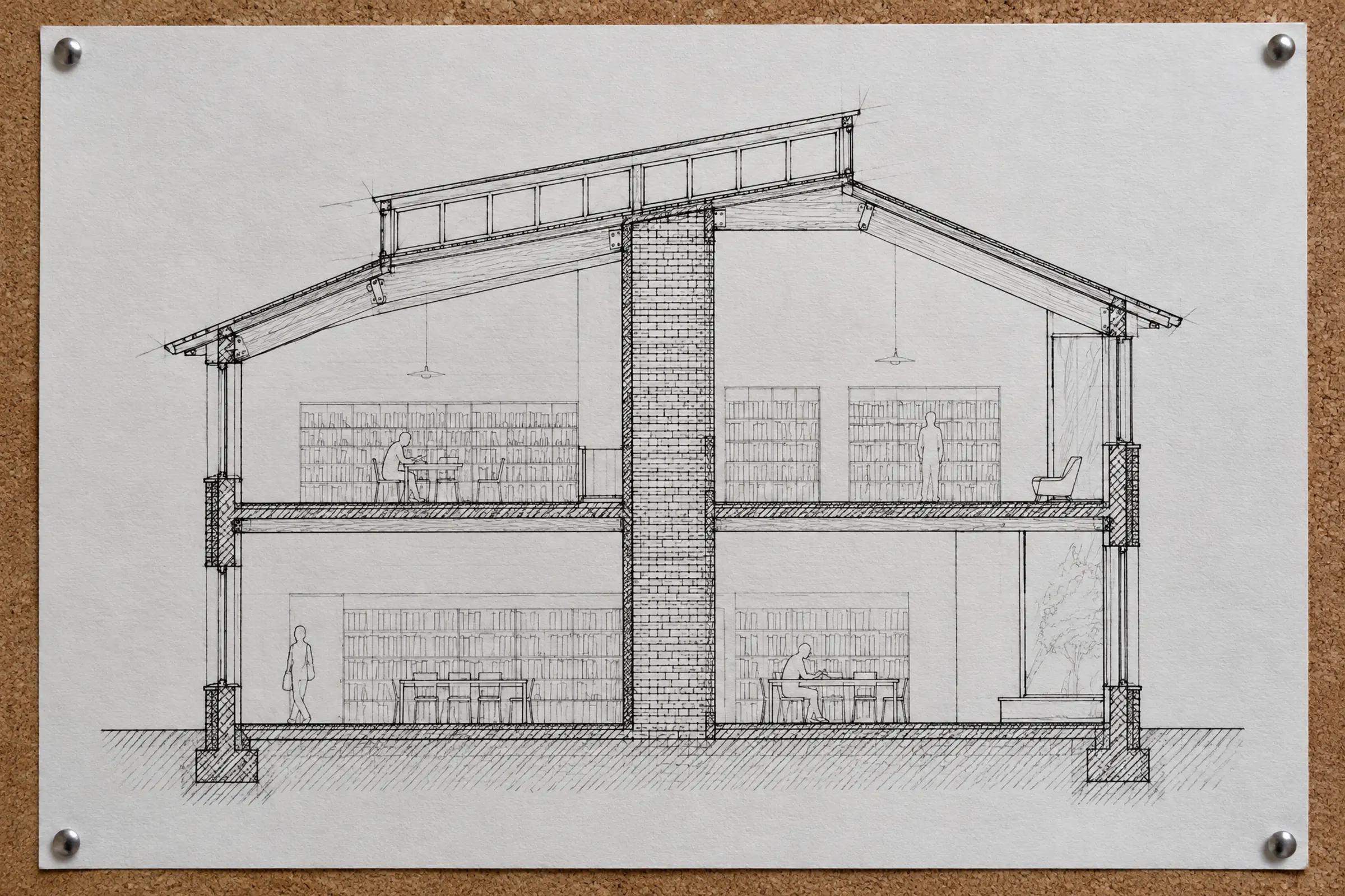 Ink section drawing of the library showing the clerestory roof and brick spine wall