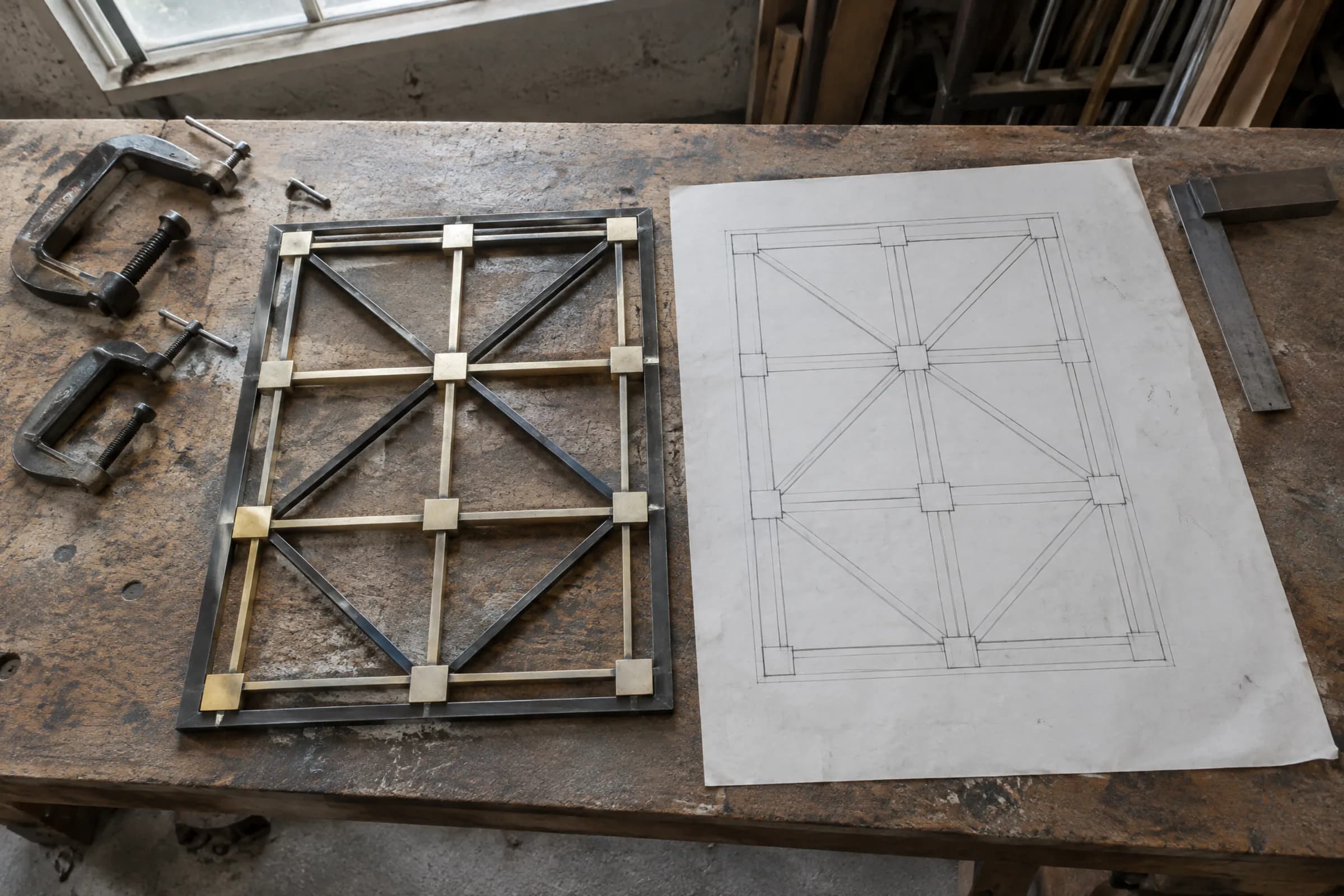 Brass and steel window grille on a workbench beside its full-size drawing