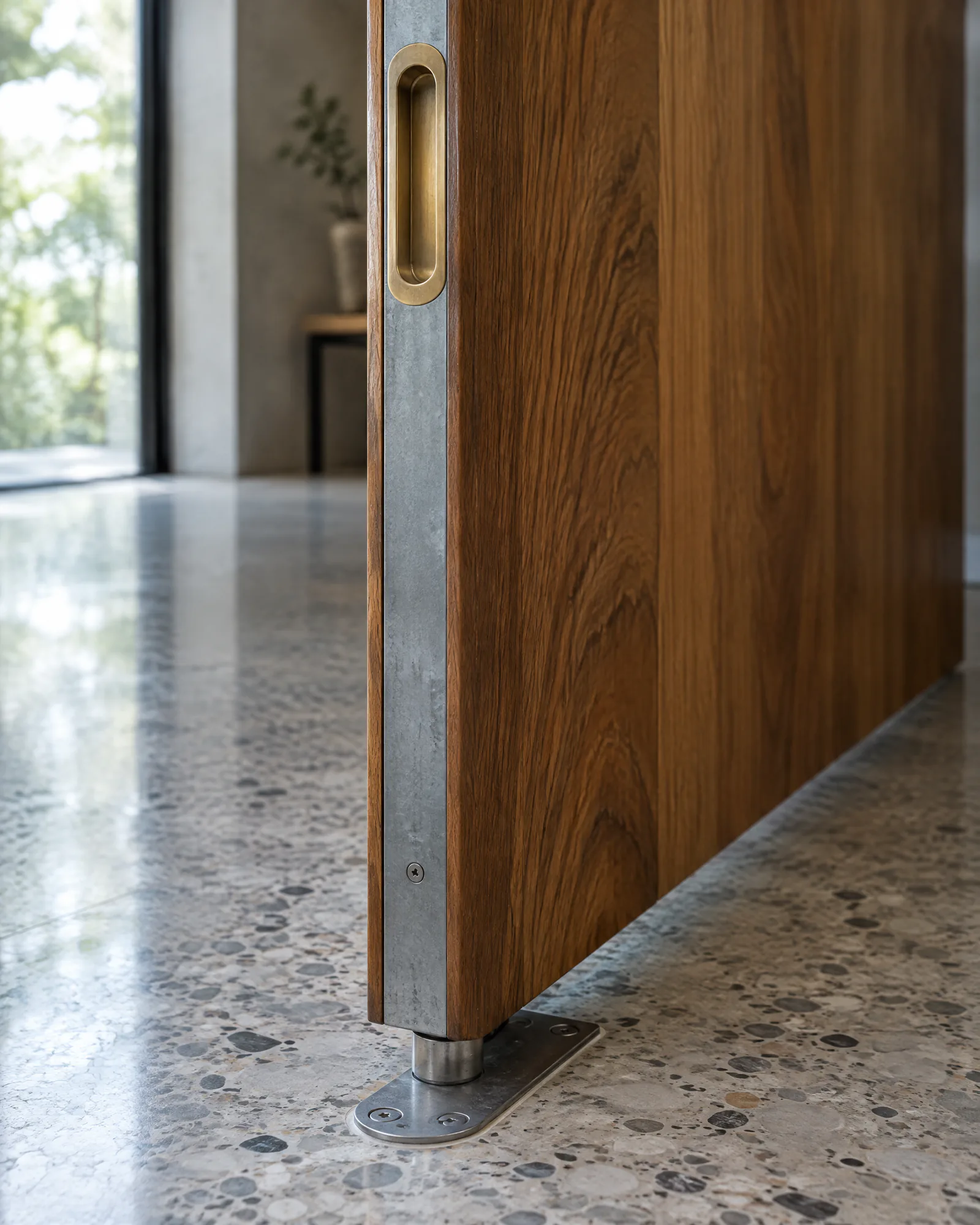 Close view of the recessed brass pull and floor pivot on a teak door