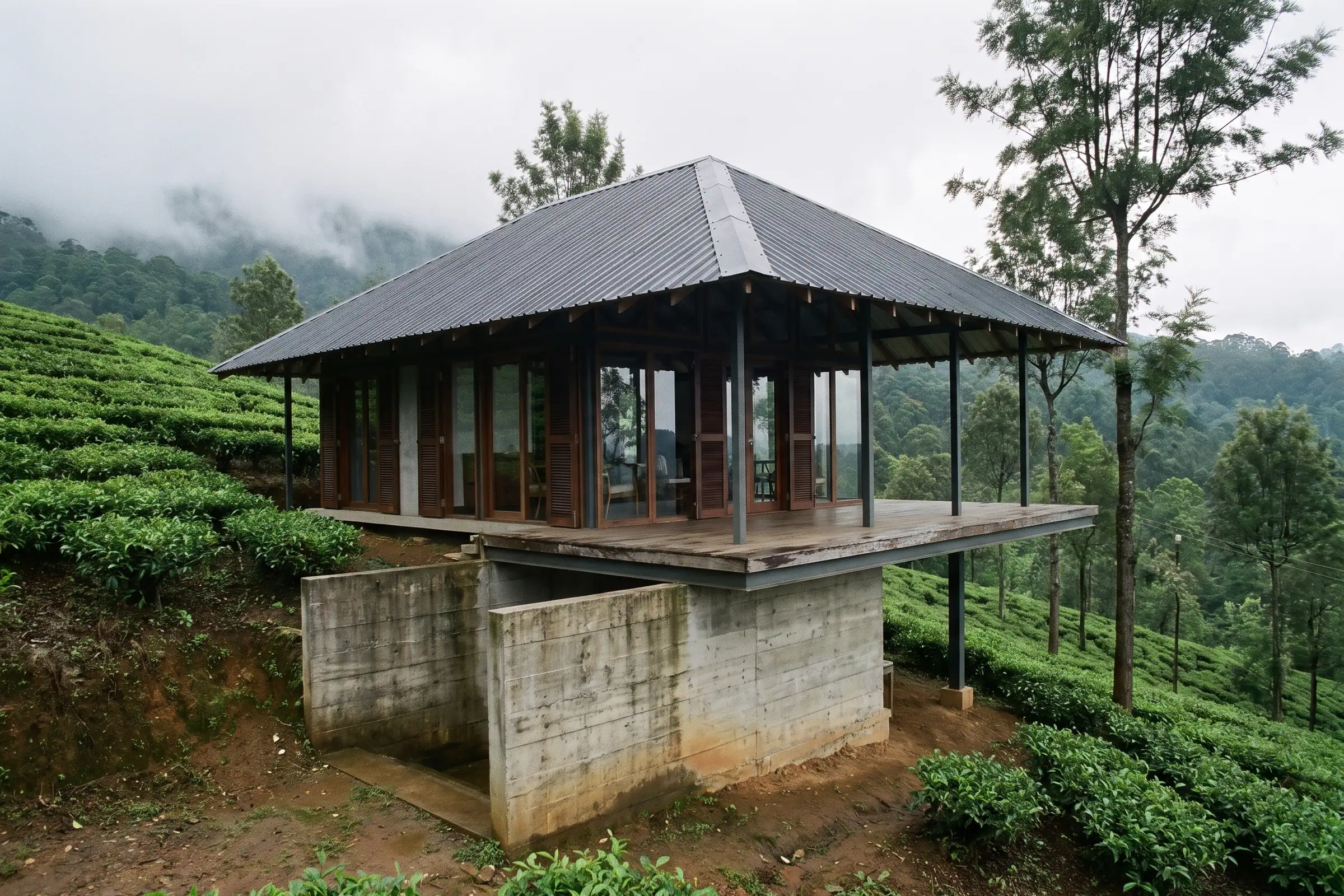 Hillside Weekend House, Sreemangal: timber pavilion under a steep corrugated roof on a board-marked concrete base, among tea bushes with low cloud behind