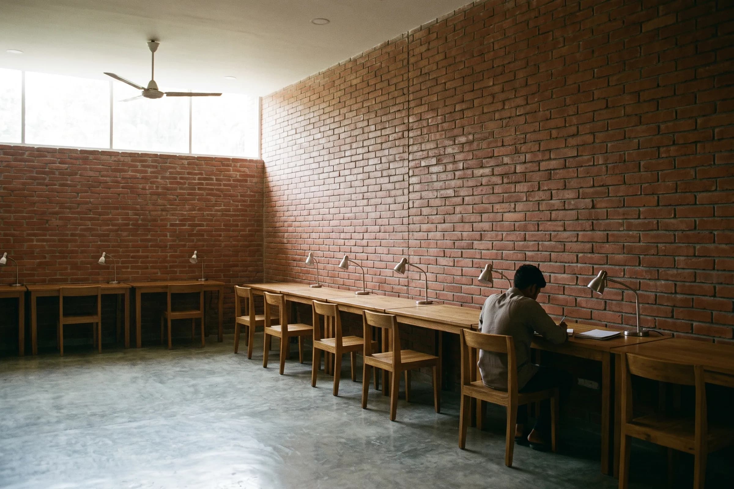 Study desks with task lamps along a brick wall, with a clerestory window and a ceiling fan above