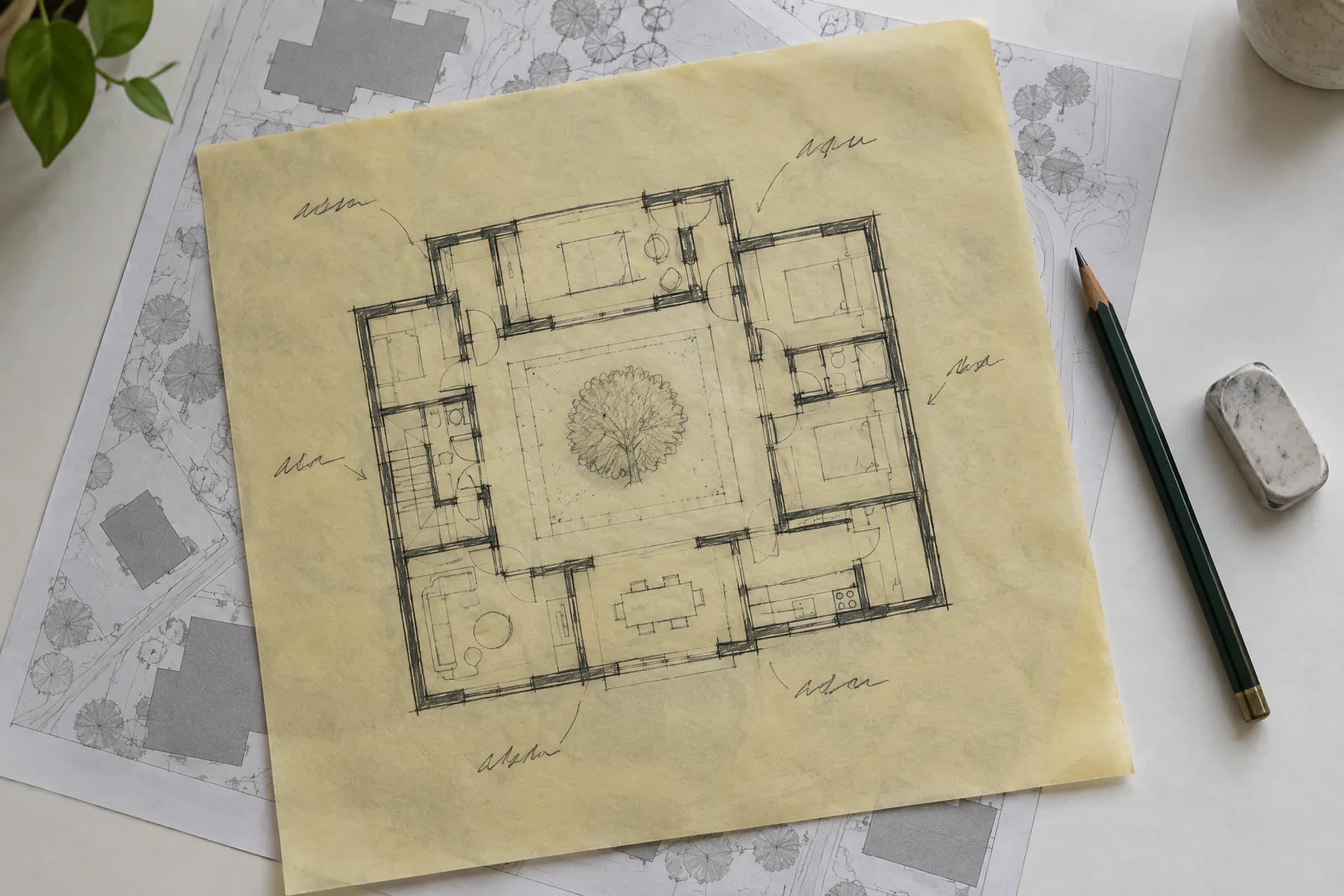Pencil plan sketch of a courtyard house on yellow tracing paper