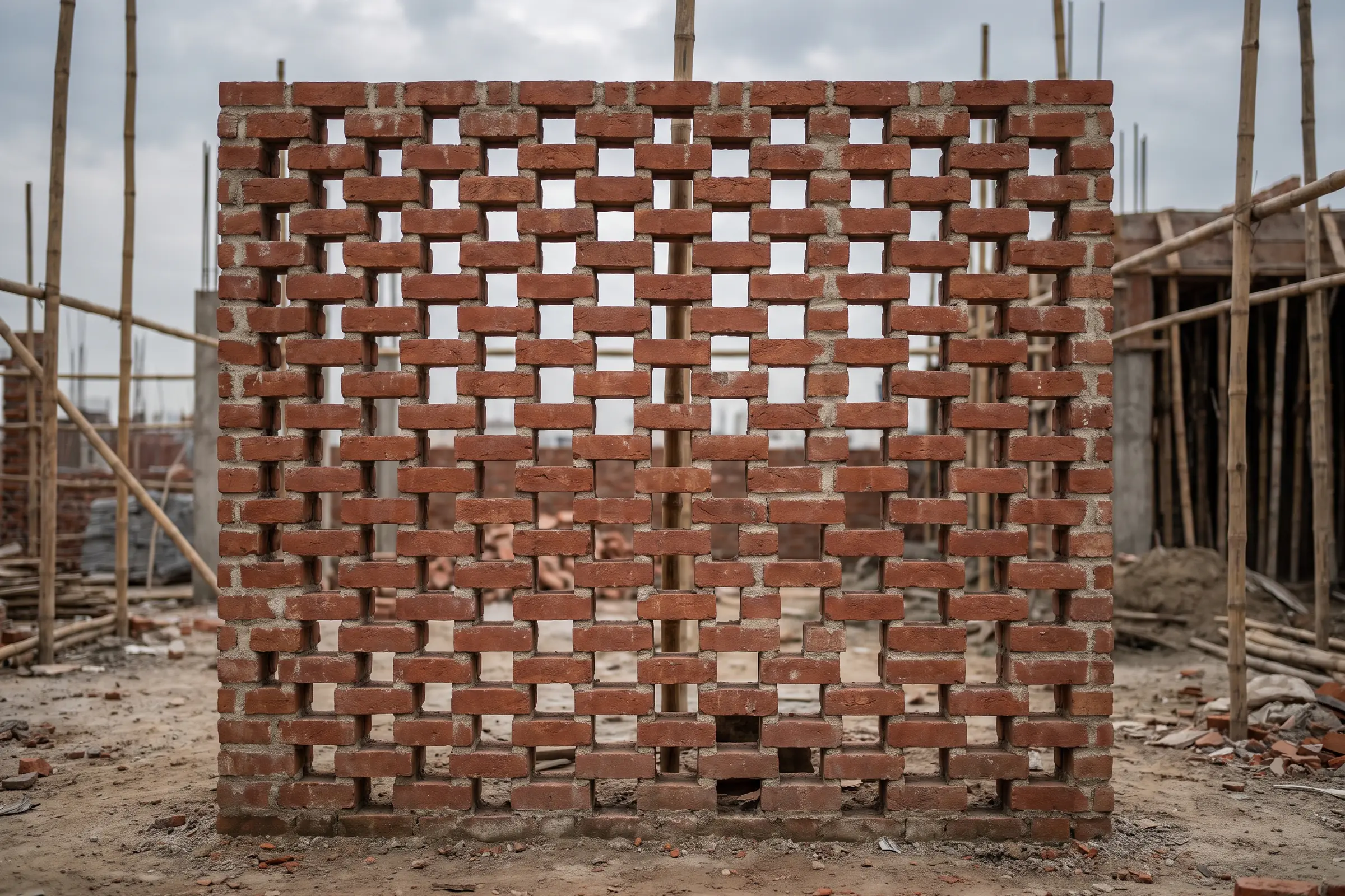 Test panel of a perforated brick wall built on site
