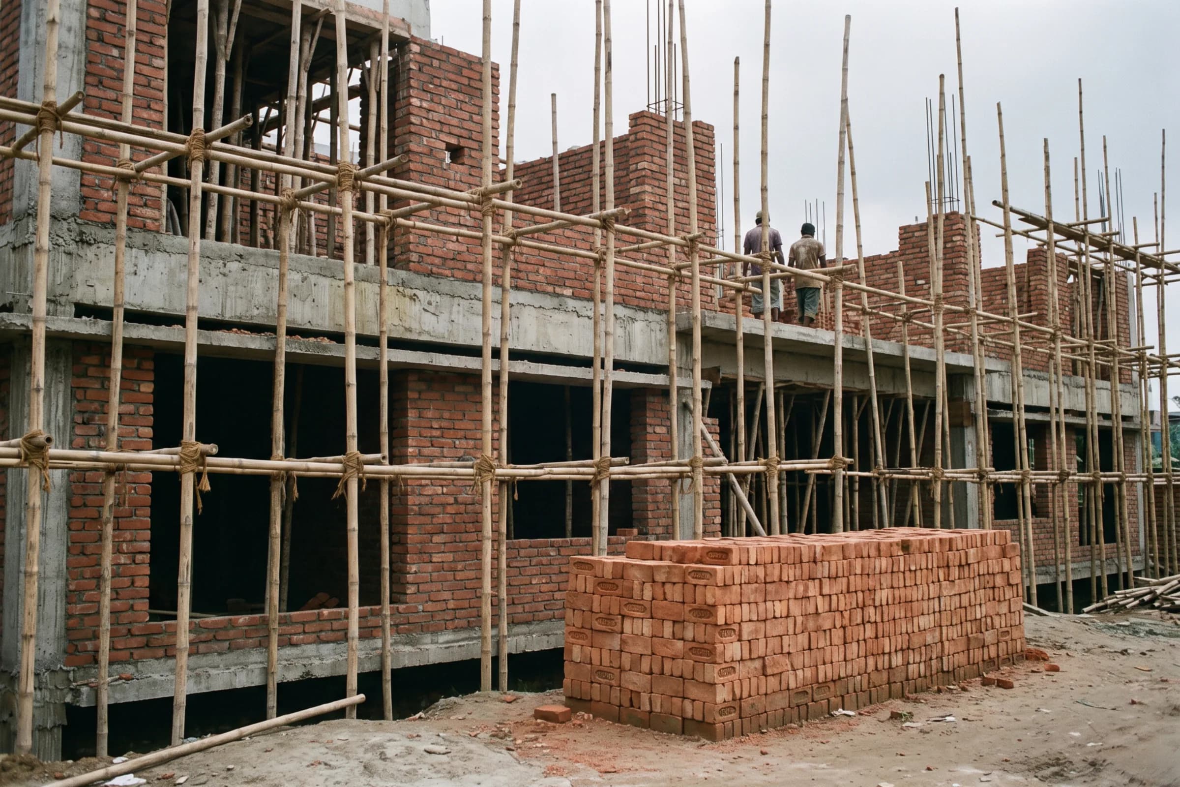 Brick walls of a house under construction inside bamboo scaffolding