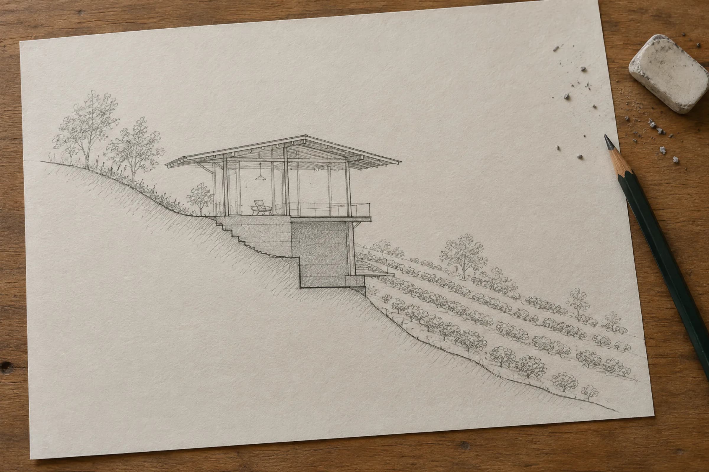 Pencil section of a house stepping down a slope among tea bushes