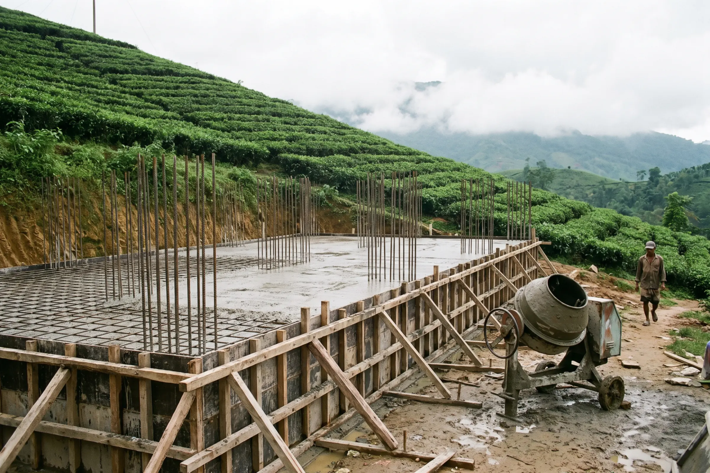 Concrete slab being cast on a hillside, with tea bushes behind