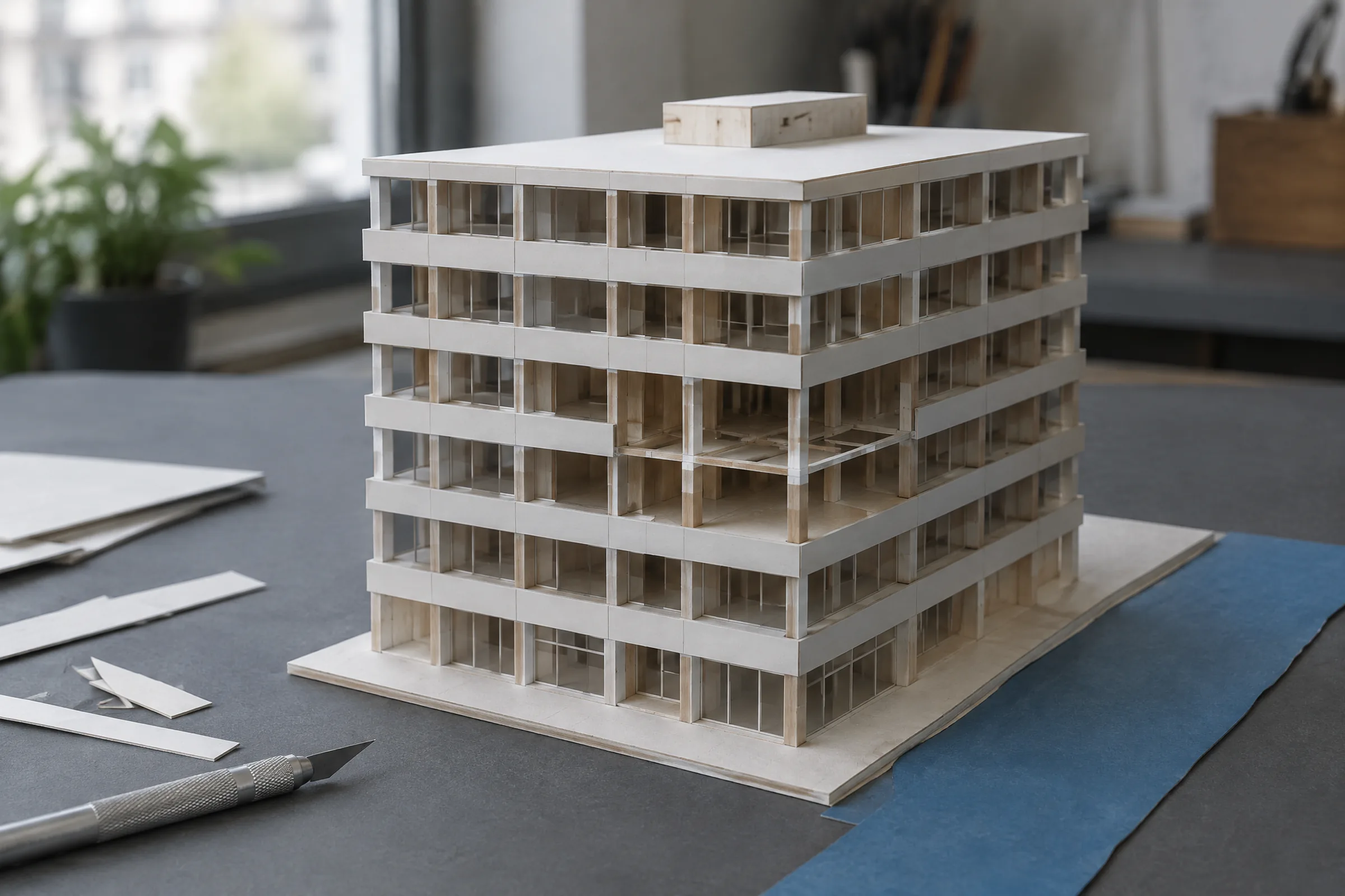 Card and basswood study model of the office building's frame beside a strip of blue card for the river