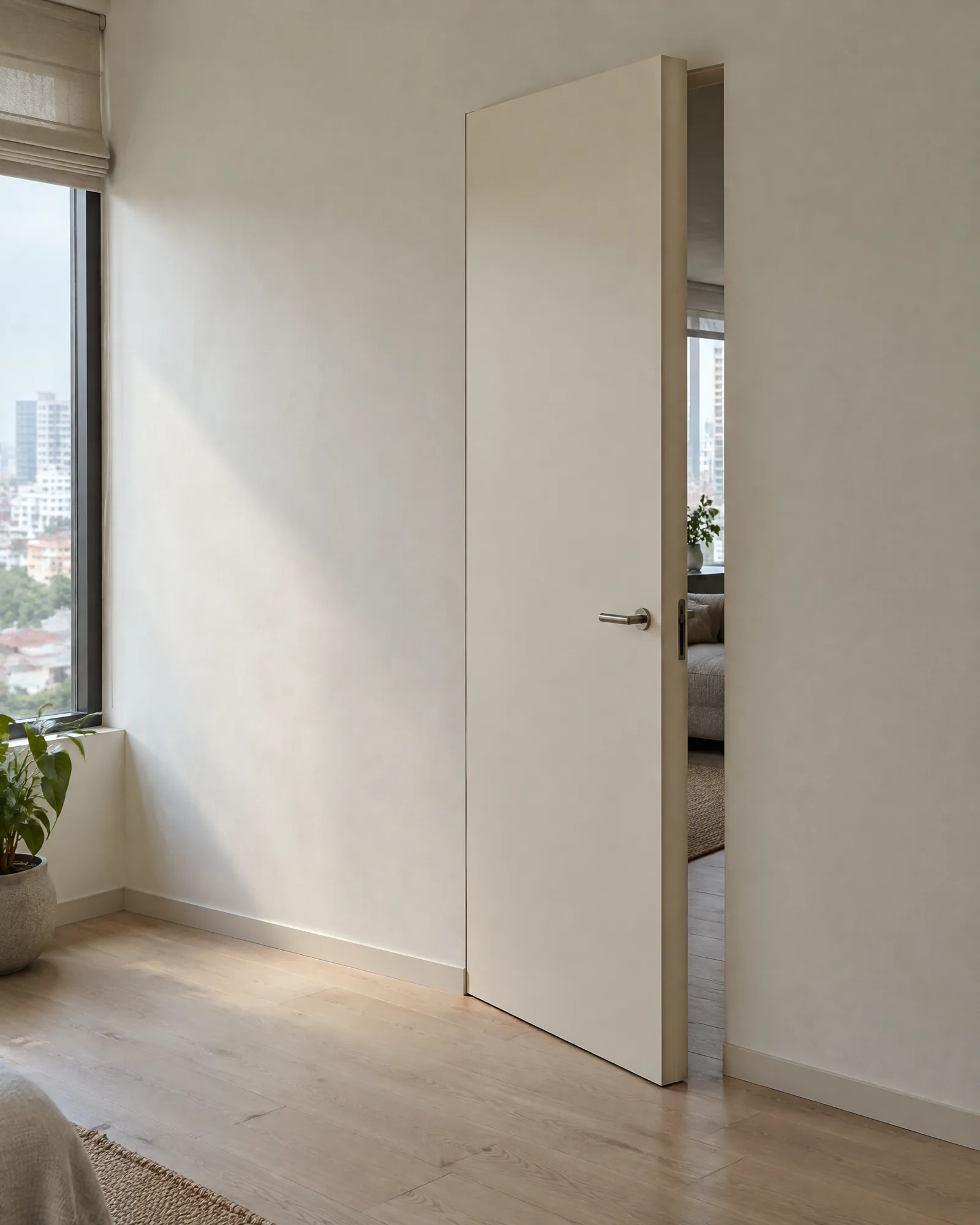 Frameless off-white door set flush in a plastered wall, slightly open