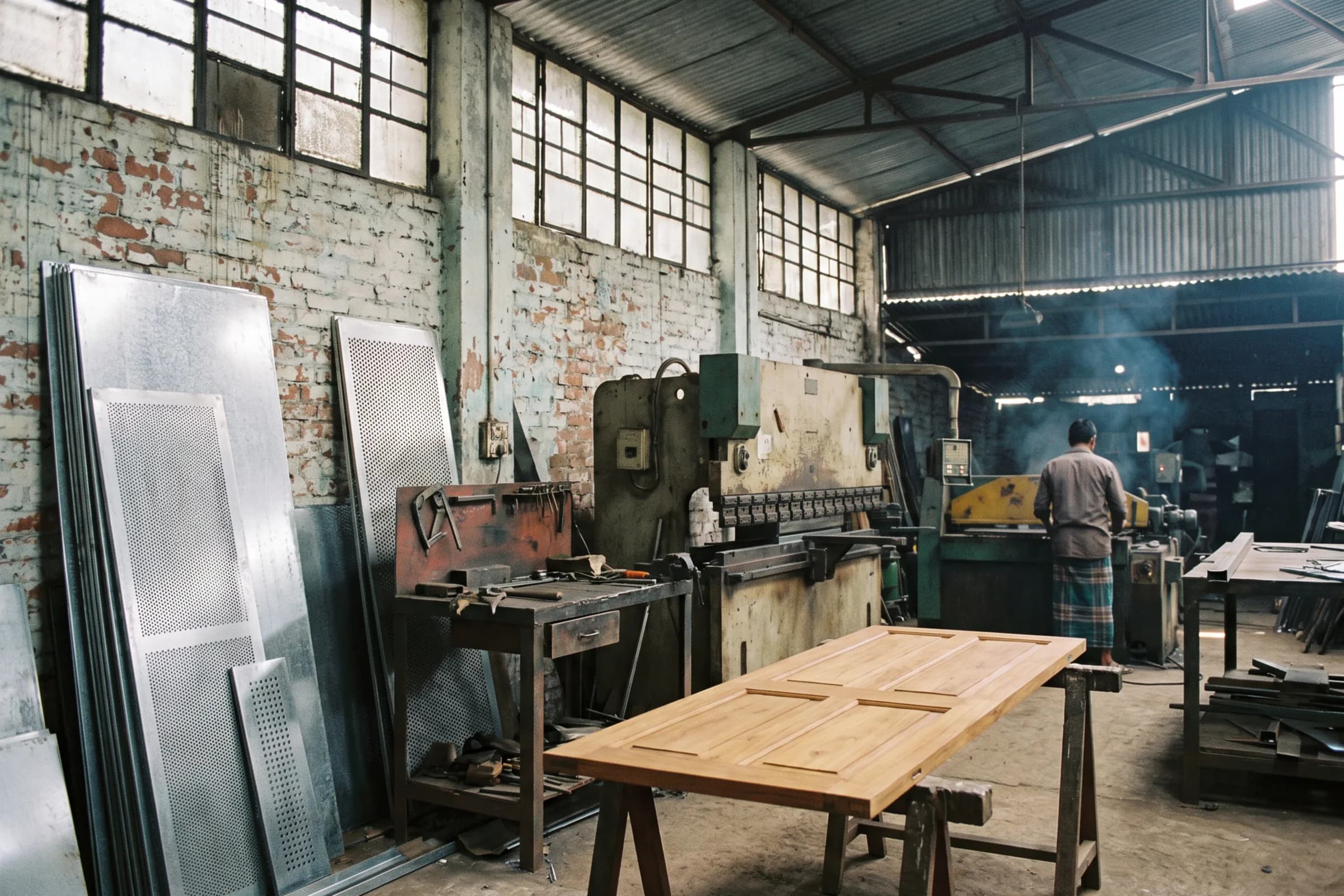 Workshop with a press brake, perforated steel panels against a brick wall and a teak door leaf on trestles