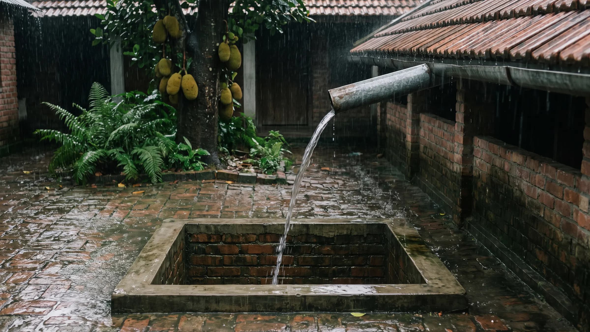 Rain pouring from a roof spout into a brick tank in a planted courtyard